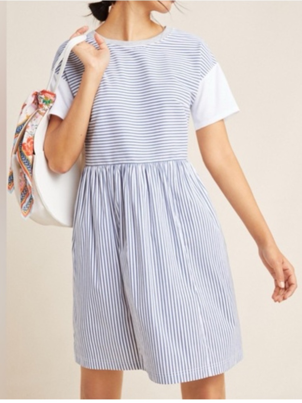 Anthropologie Stripe Dress Blue White Coastal Mixed Media Beach Preppy Small - Picture 1 of 8